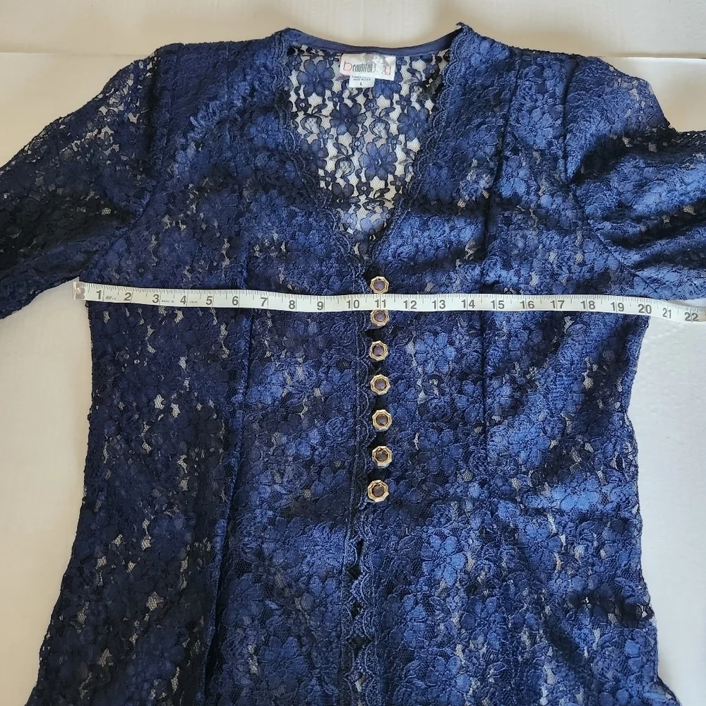 Beautiful U Women L Navy Blue Crochet Lace Scalloped Hem Button Front Cardigan